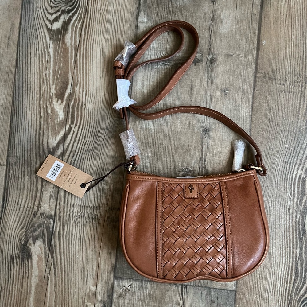 Cole Haan NWT Brown Leather Crossbody Bag with Woven Front Design